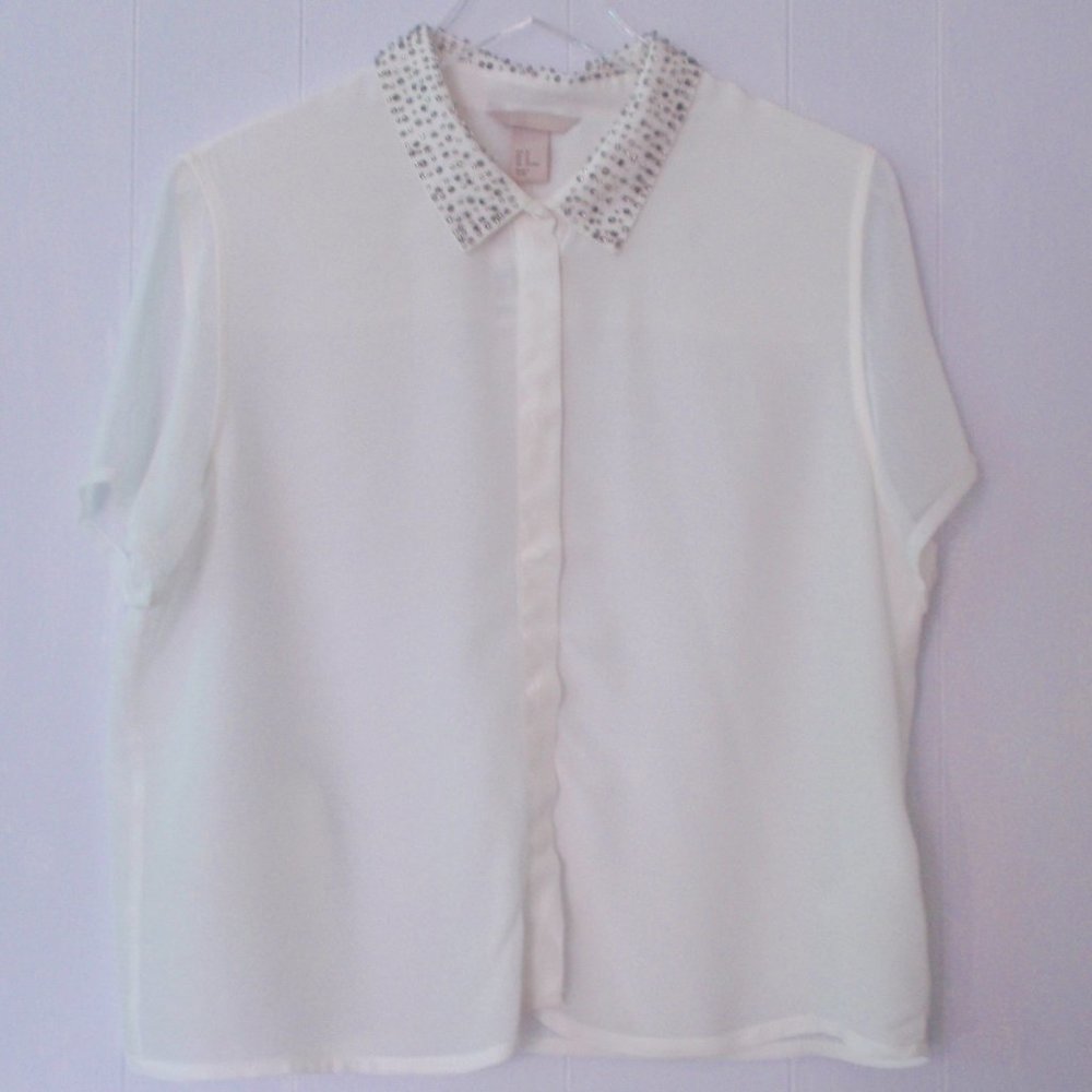 H&M WHITE BEADED COLLAR SHORT SLEEVE BLOUSE 12 NWT